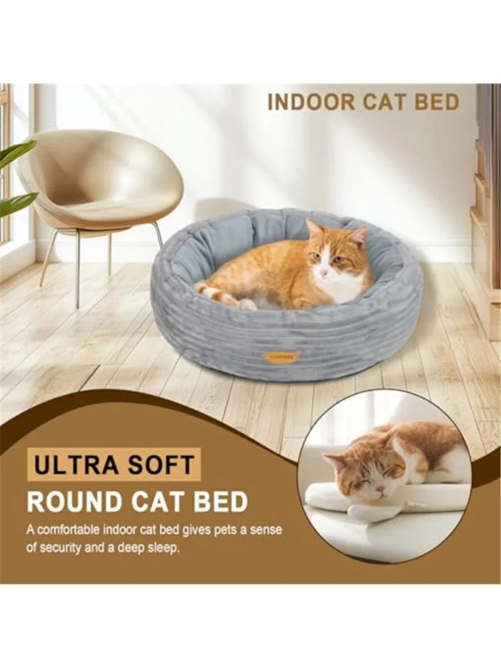 Donut Cat Bed Fluffy Round Pet Bed Small Dog Calming Plush Washable Gray 20in